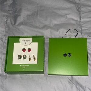 Kate Spade Green Box with Red and Silver Earrings set of 3 NWT